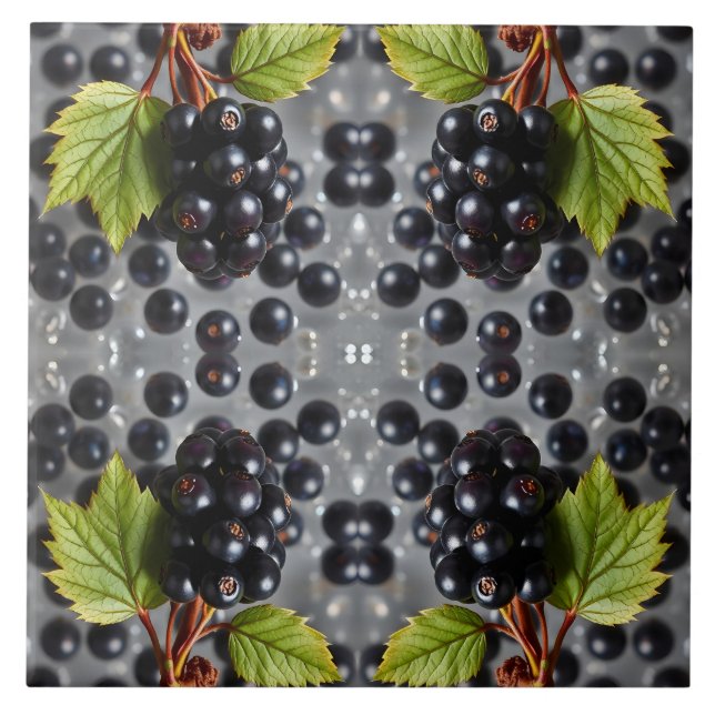 Black Currants Berries & Green Leaf Pattern Fliese (Vorderseite)