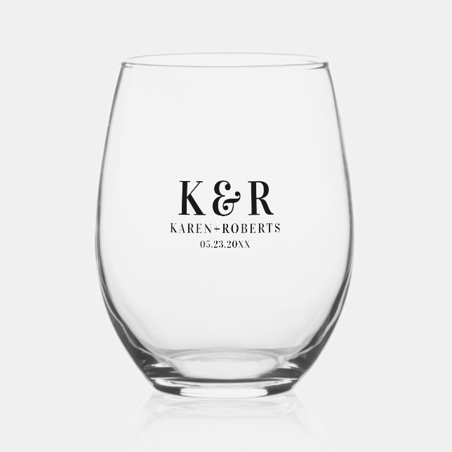 Black Custom Initials Wedding Couple Weinglas Ohne Stiel (Vorderseite)