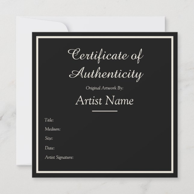 Black Customizable Certificate of Authenticity Mitteilungskarte (Vorderseite)