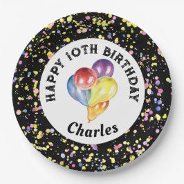Black Customizable Watercolor Confetti Geburtstag Pappteller
