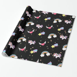Black Cute Rainbow Unicorn Star Magical Geschenkpapier