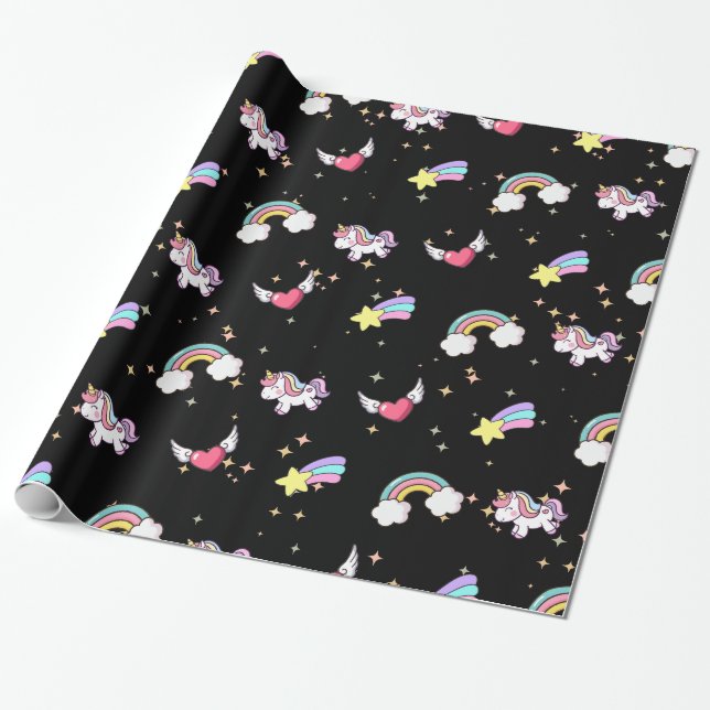 Black Cute Rainbow Unicorn Star Magical Geschenkpapier (Ungerollt)