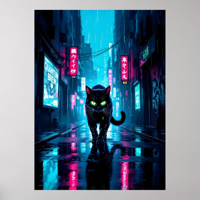 Black Cyberpunk Cat In Neon Rainy City Poster (Vorne)