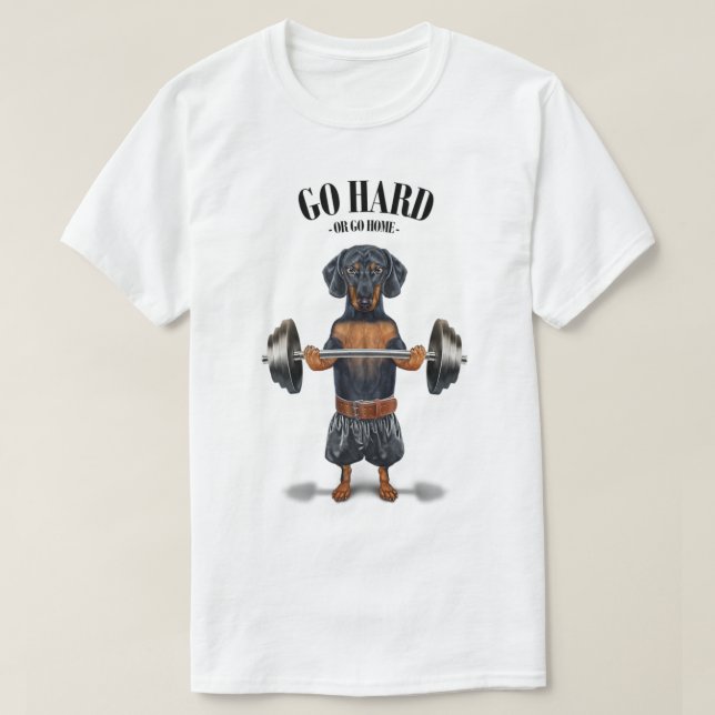 Black Dachshund Dog Muscle Training Weightlifting  T-Shirt (Design vorne)