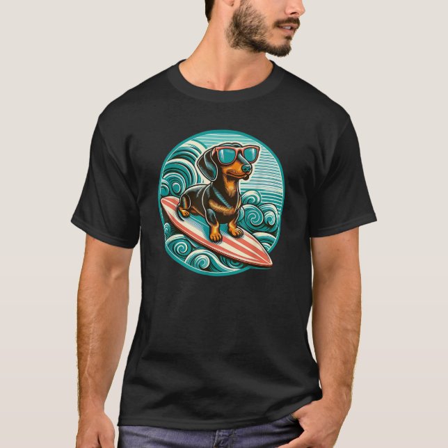 Black Dachshund Surfing Summer Vibes Ocean Beach S T-Shirt (Vorderseite)