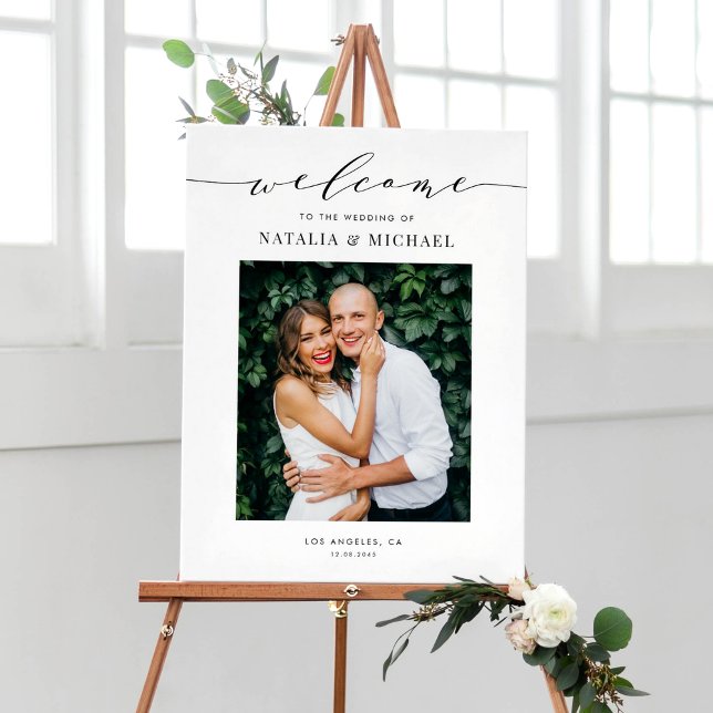 Black Dainty Script Hochzeitsskripte Foto Design Poster (Elegant photo wedding welcome sign with black calligraphy and minimalist script.)