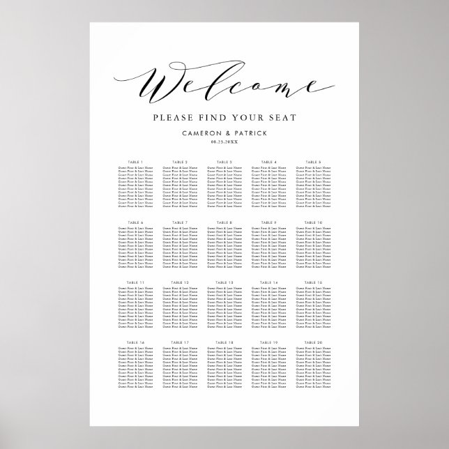 Black Dainty Script Seating Chart Poster (Vorne)