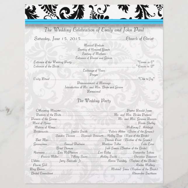 Black Damak Wirbel Bright Aqua Wedding Program (Vorderseite)