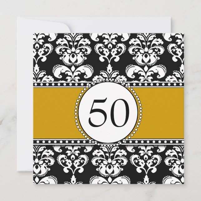 Black Damask 50. Geburtstag Einladungen Gold (Vorderseite)