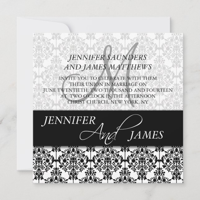 Black Damask 5 Monogram Name Wedding Einladungen (Vorderseite)