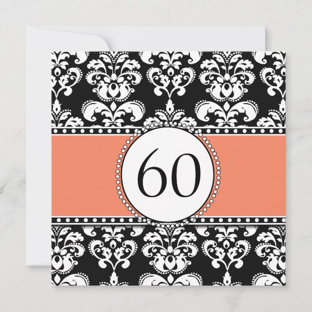 Black Damask 60. Geburtstag Einladung| Orange Einladung (Vorderseite)