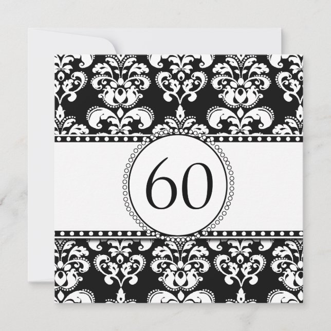 Black Damask 60. Geburtstag Einladung| weiß Einladung (Vorderseite)