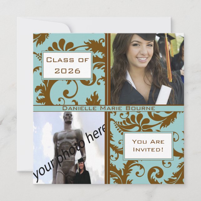 Black Damask Aqua Blue Abschluss Einladung (Vorderseite)