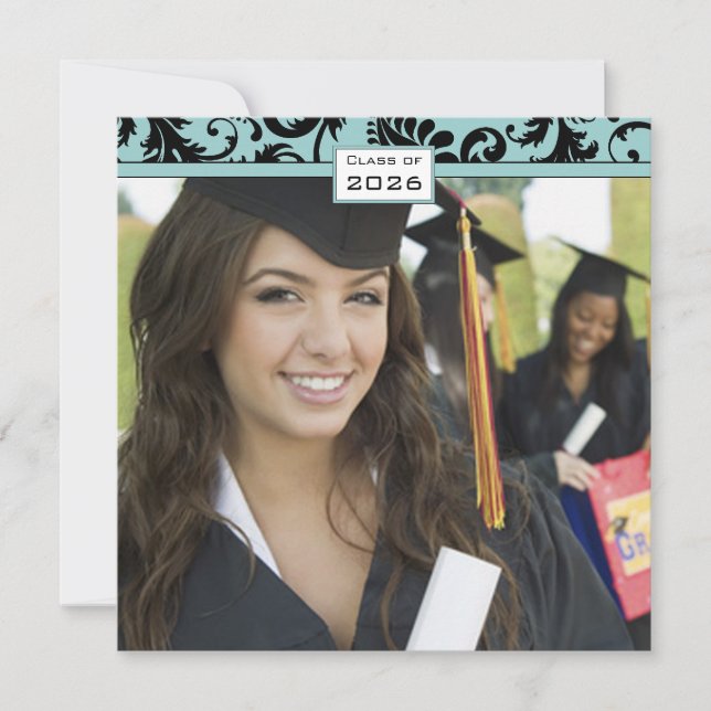 Black Damask Aqua Blue Abschluss Einladung (Vorderseite)