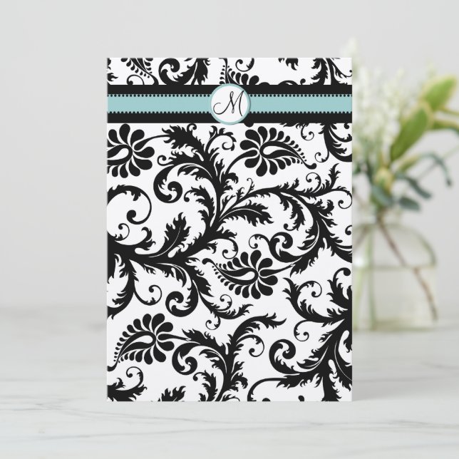Black Damask Aqua Blue Aquamarin Hochzeitseinladun Einladung (Stehend Vorderseite)