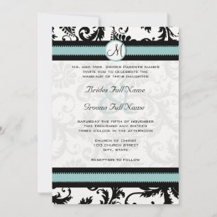 Black Damask Aqua Blue Aquamarin Hochzeitseinladun Einladung