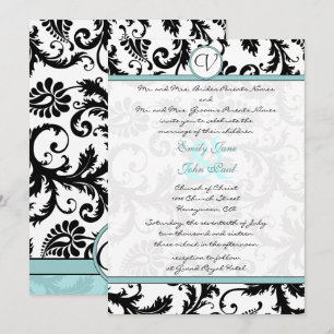 Black Damask Aqua Blue Wedding Einladung