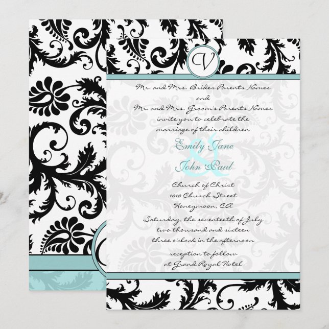 Black Damask Aqua Blue Wedding Einladung (Vorne/Hinten)