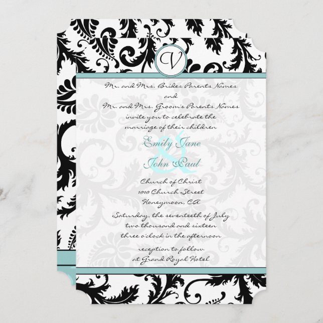 Black Damask Aqua Blue Wedding Einladung (Vorne/Hinten)