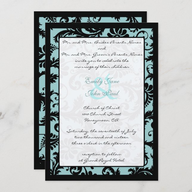 Black Damask Aqua Blue Wedding Einladung (Vorne/Hinten)