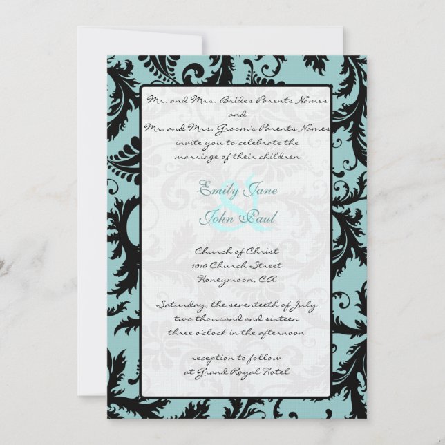 Black Damask Aqua Blue Wedding Einladung (Vorderseite)