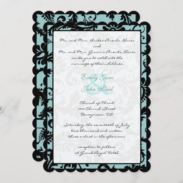 Black Damask Aqua Blue Wedding Einladung (Vorne/Hinten)