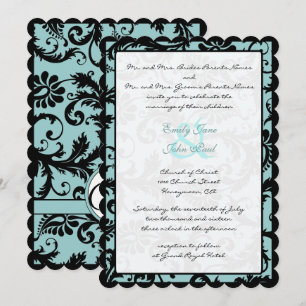 Black Damask Aqua Blue Wedding Einladung