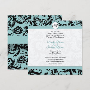 Black Damask Aqua Pool Blue Wedding Einladung