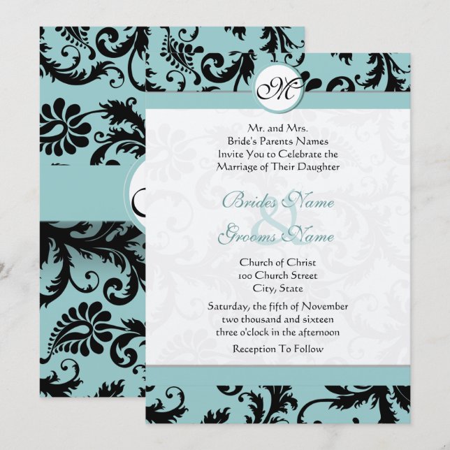 Black Damask Aqua Pool Blue Wedding Einladung (Vorne/Hinten)