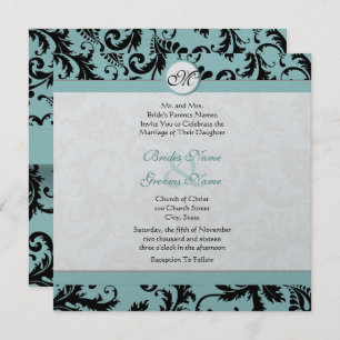 Black Damask Aqua Pool Blue Wedding Einladung
