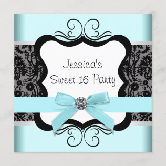 Black Damask Aquamarin Black Sweet 16 Geburtstagsp Einladung