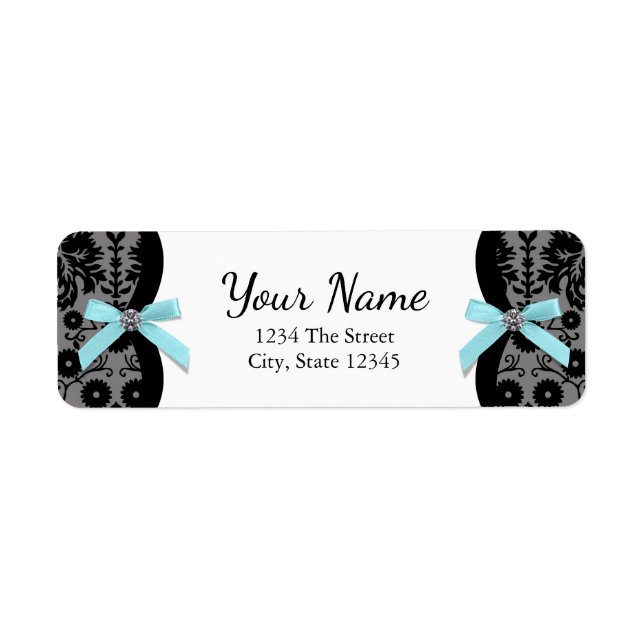 Black Damask Aquamarin Blue Bow Rücksendeadressen- (Vorne)
