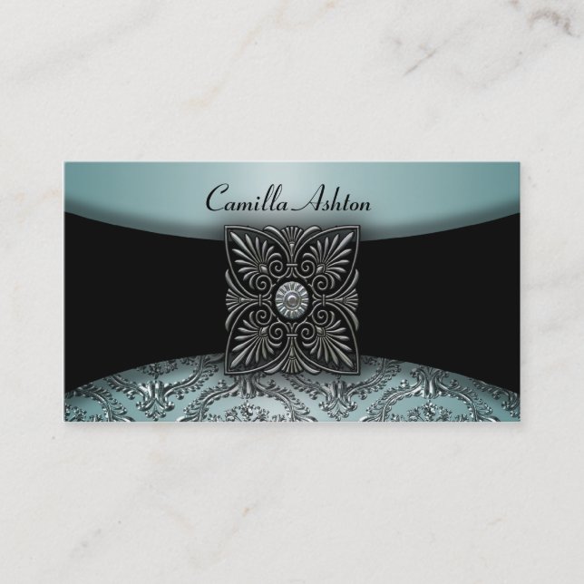 Black Damask Aquamarin Blue Business Cards Visitenkarte (Vorderseite)