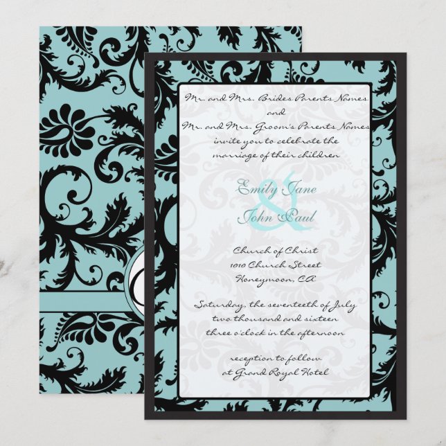 Black Damask Aquamarin Blue Wedding Einladung (Vorne/Hinten)