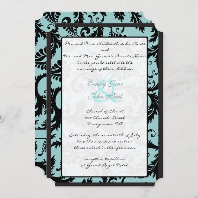 Black Damask Aquamarin Blue Wedding Einladung (Vorne/Hinten)