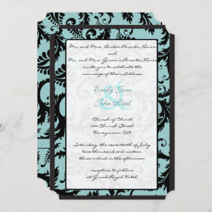 Black Damask Aquamarin Blue Wedding Einladung