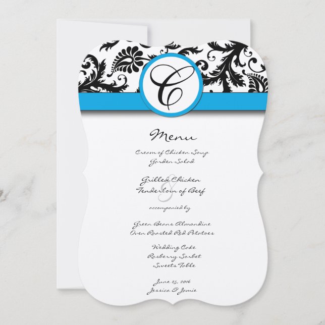 Black Damask Aquamarine Borders Wedding Einladung (Vorderseite)