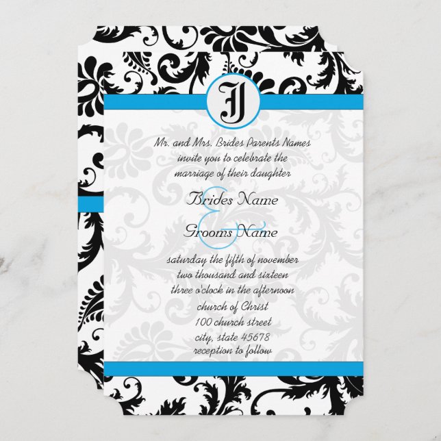 Black Damask Aquamarine Trim Hochzeit Einladungen (Vorne/Hinten)