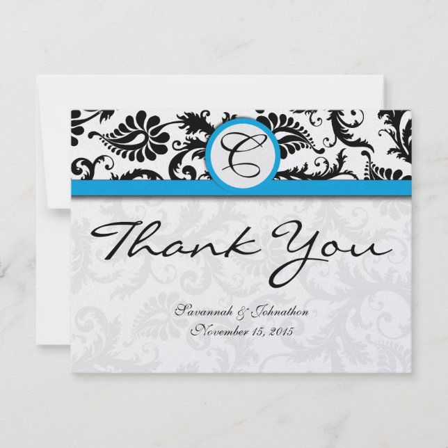 Black Damask Aquamarine Trim Wedding Danke (Vorderseite)