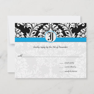 Black Damask Aquamarine Trim Wedding RSVP Karten