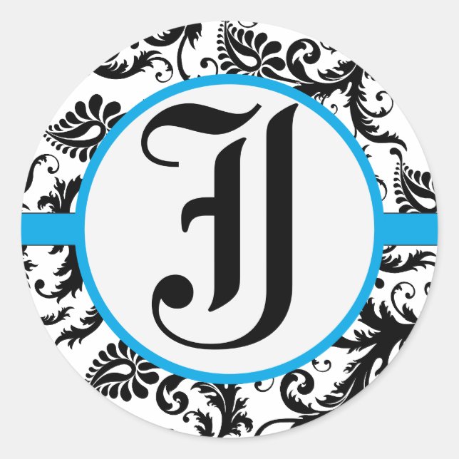 Black Damask Aquamarine Trim Wedding Siegel Runder Aufkleber (Vorderseite)