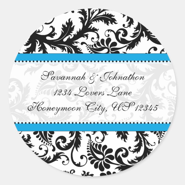 Black Damask Aquamarine Trim Wedding Siegel Runder Aufkleber (Vorderseite)