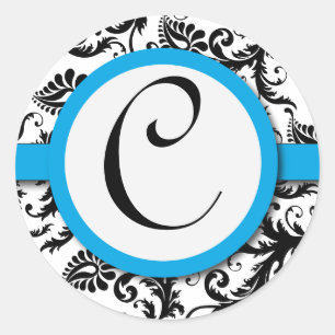 Black Damask Aquamarine Trim Wedding Siegel Runder Aufkleber