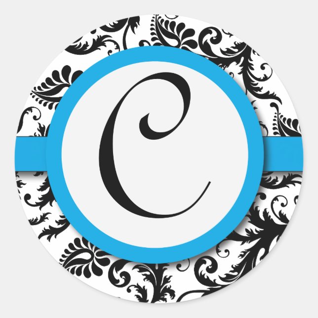 Black Damask Aquamarine Trim Wedding Siegel Runder Aufkleber (Vorderseite)