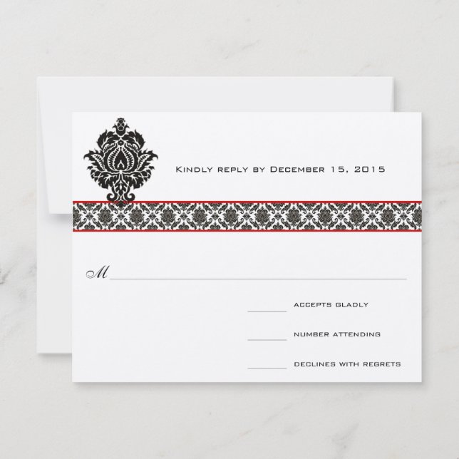 Black Damask auf White Red Trim Wedding Response RSVP Karte (Rückseite)