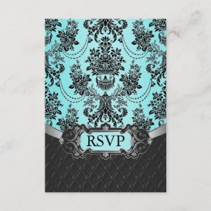 Black Damask Blue Wedding RSVP Cards Karte