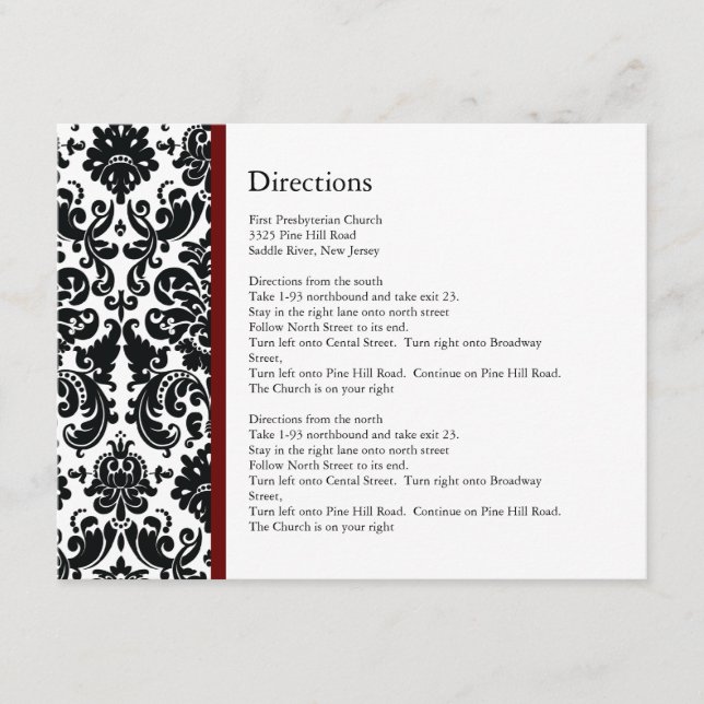 Black Damask Burgundy Accent Direction Card Begleitkarte (Vorderseite)