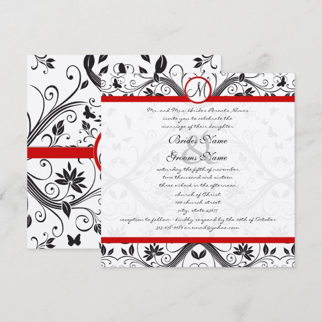 Black Damask Butterfly Wirbel Red Trim Wedding Einladung (Vorne/Hinten)