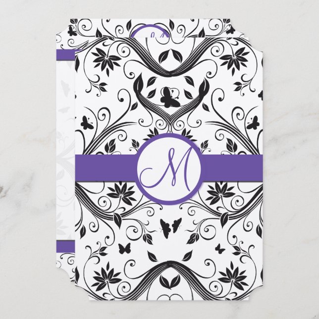 Black Damask Butterfly Wirbel Red Wedites Einladun Einladung (Vorne/Hinten)