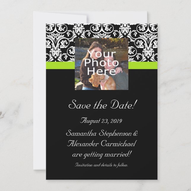Black Damask Chartreuse Green Foto Save the Date Einladung (Vorderseite)